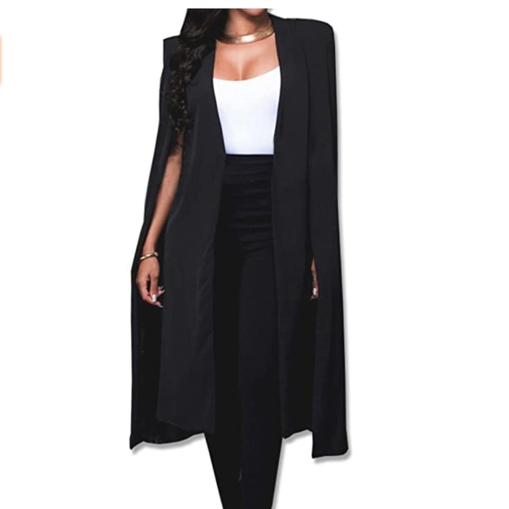 Long Open Slit Sleeve Black Crepe Blazer Cloak/Cape